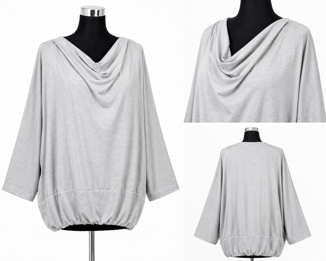 Grey oversized cowl neck batwing top with draped fit and gathered hem