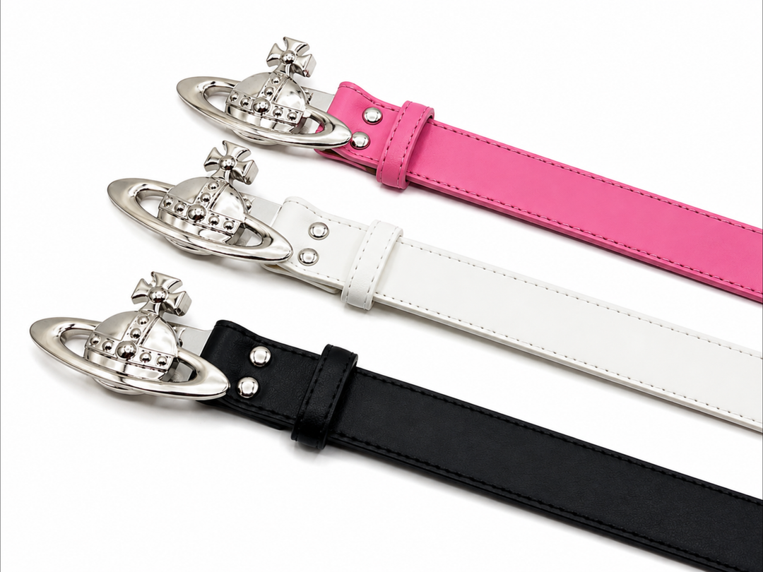 Black, white and pink faux leather belts with silver-tone orb buckles and stitched edging.