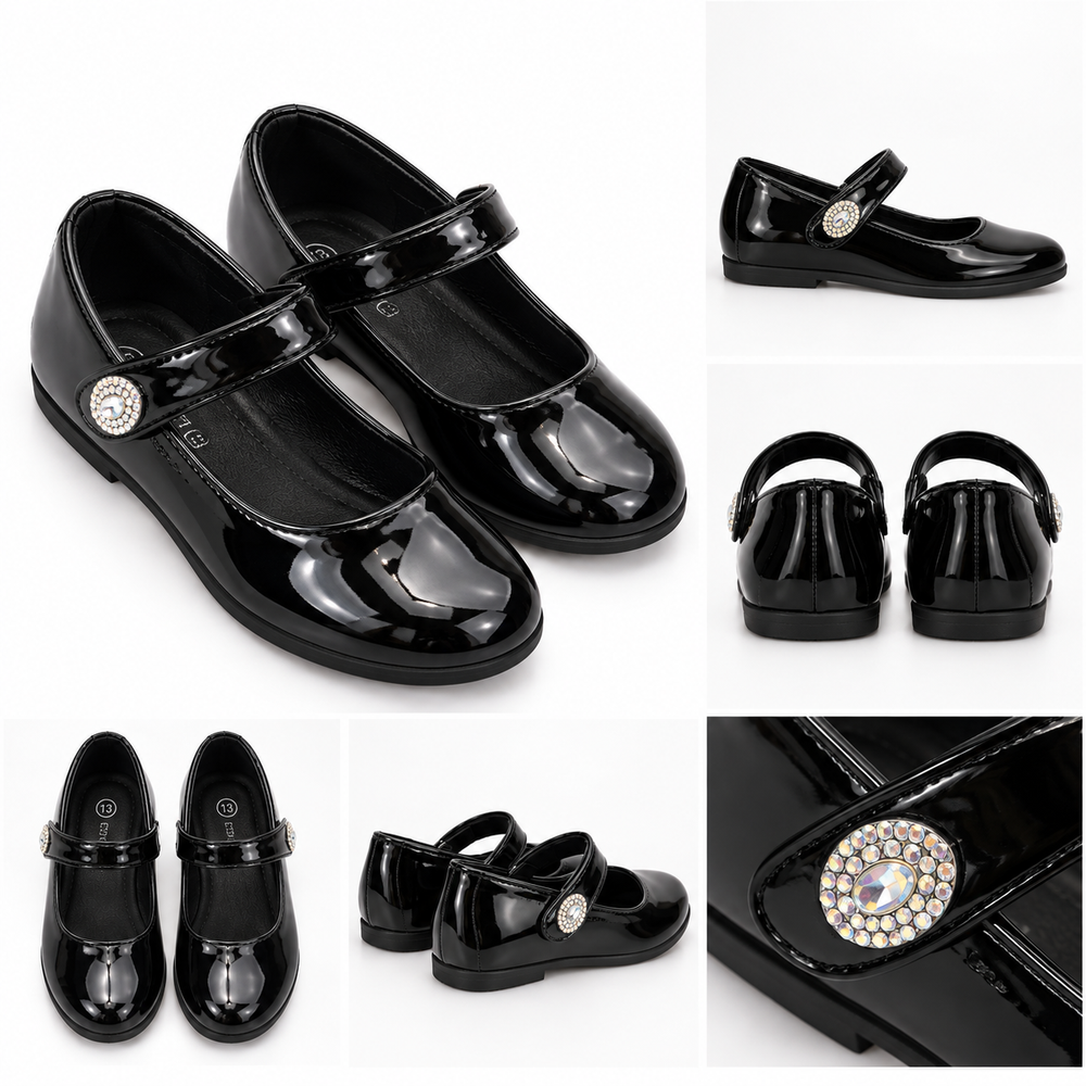 Girls black patent flat school shoes with strap and sparkling gem detail