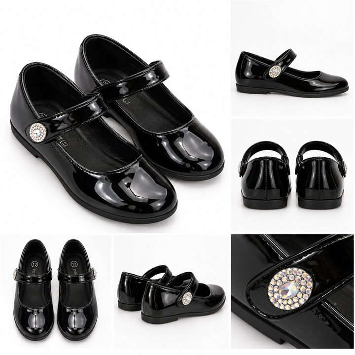 Girls black patent flat school shoes with strap and sparkling gem detail
