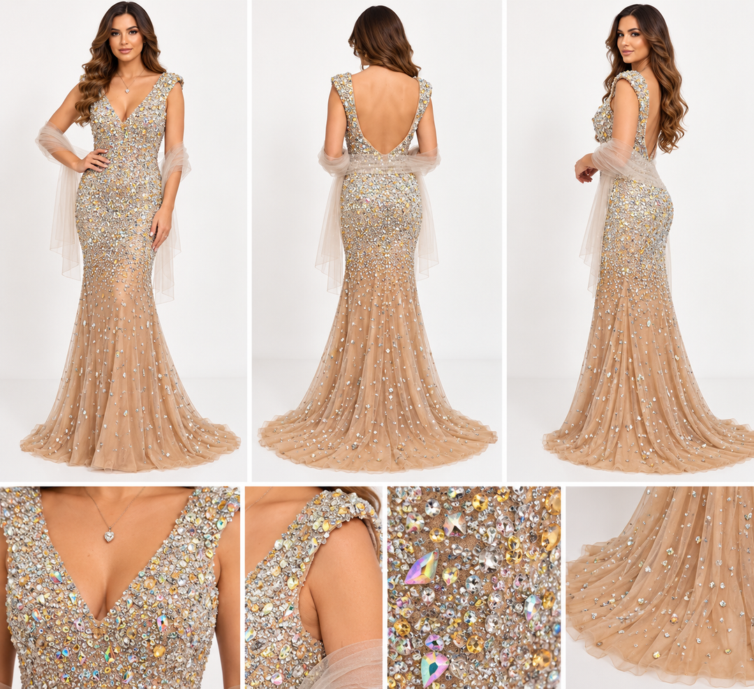 Champagne crystal embellished mermaid evening dress size 4 with deep V neckline, low back and flared tulle skirt