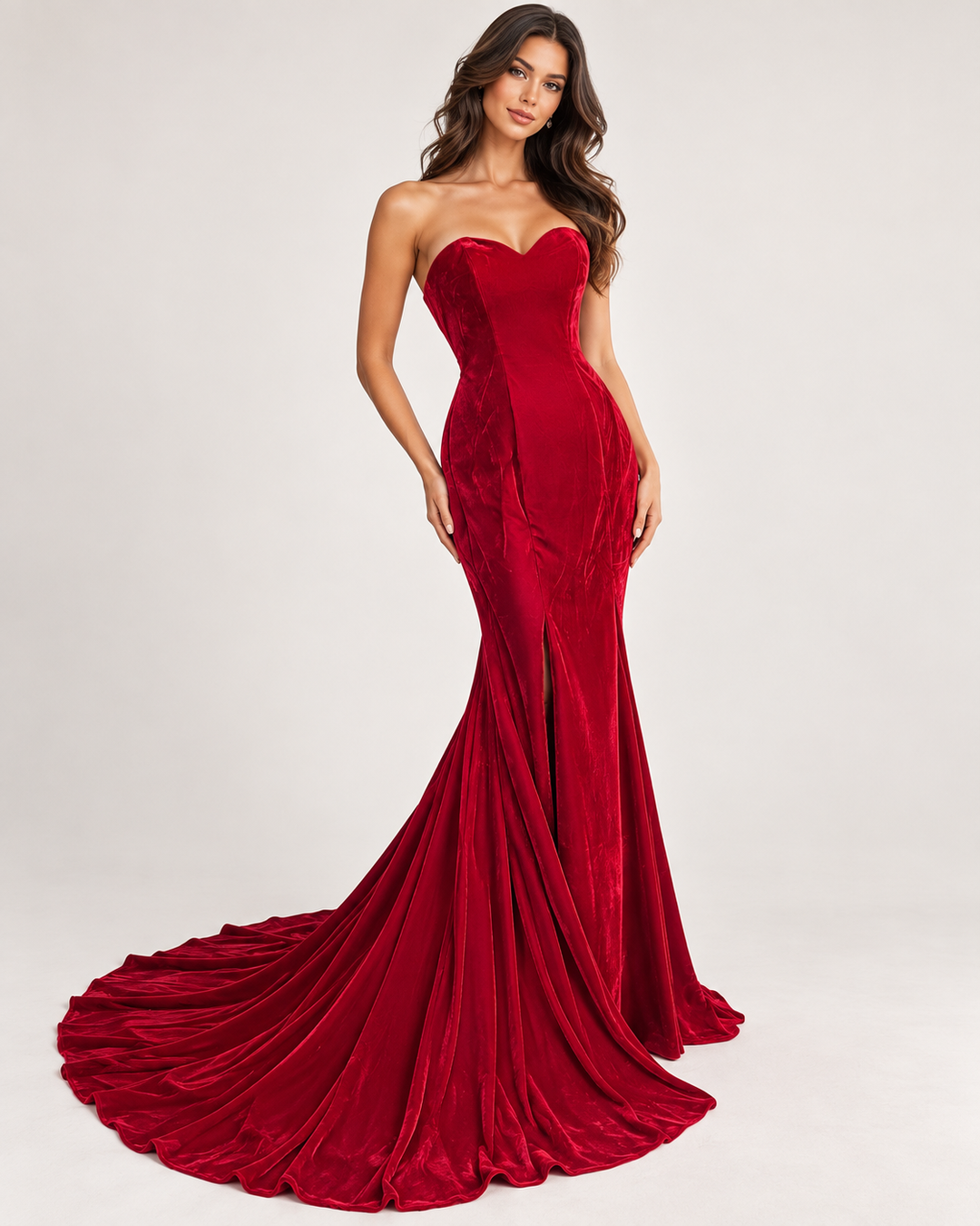 Red velvet strapless corset fishtail prom dress with sweetheart neckline, lace-up back and long sweeping train