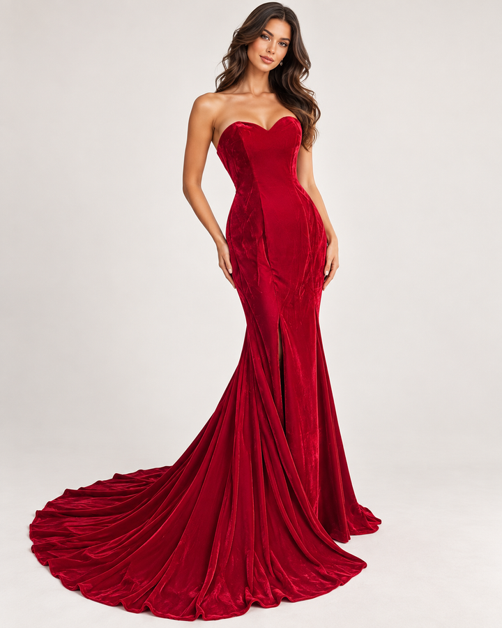 Red velvet strapless corset fishtail prom dress with sweetheart neckline, lace-up back and long sweeping train