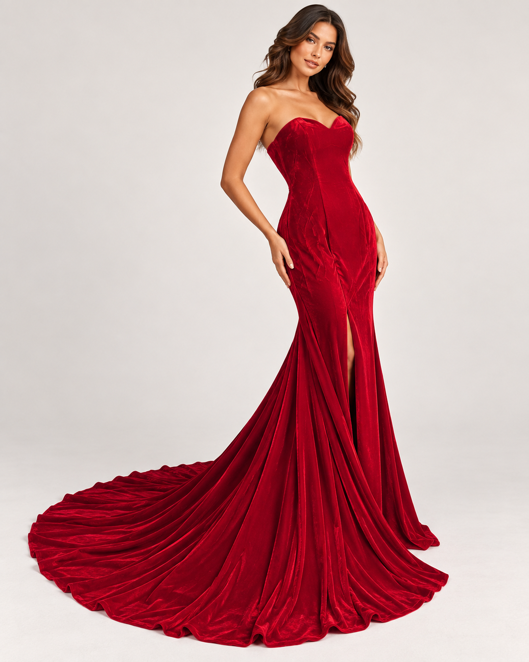 Red Velvet Corset Fishtail Prom Dress with Train-Size 14