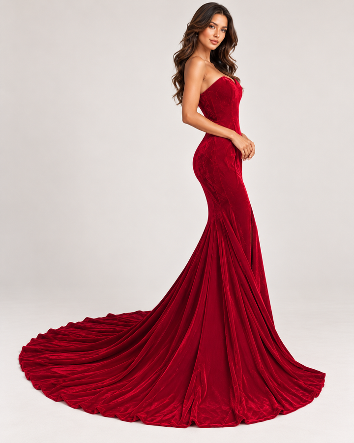 Red Velvet Corset Fishtail Prom Dress with Train-Size 14
