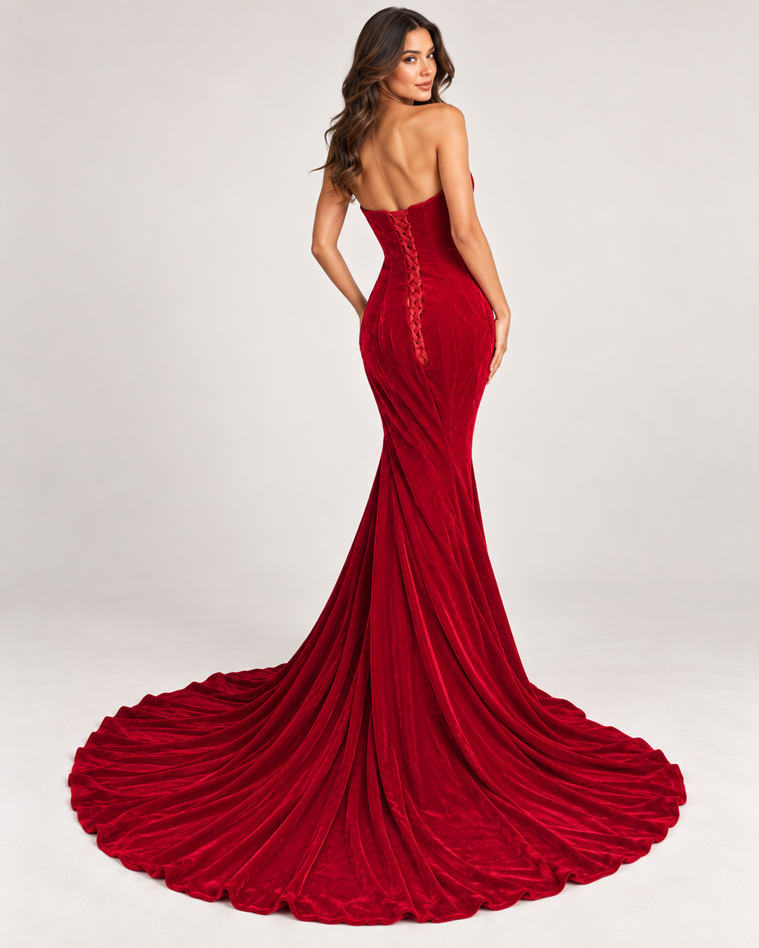 Red Velvet Corset Fishtail Prom Dress with Train-Size 14