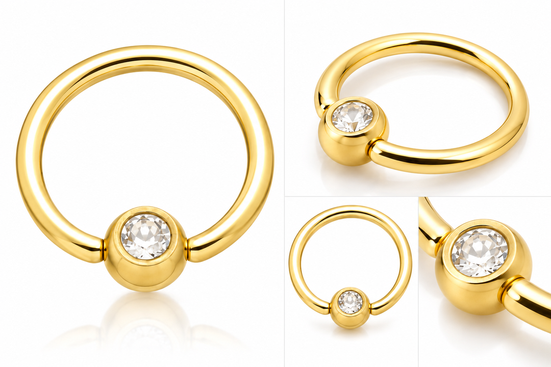 Gold PVD 316L surgical steel micro BCR ring with clear zircon gemstone