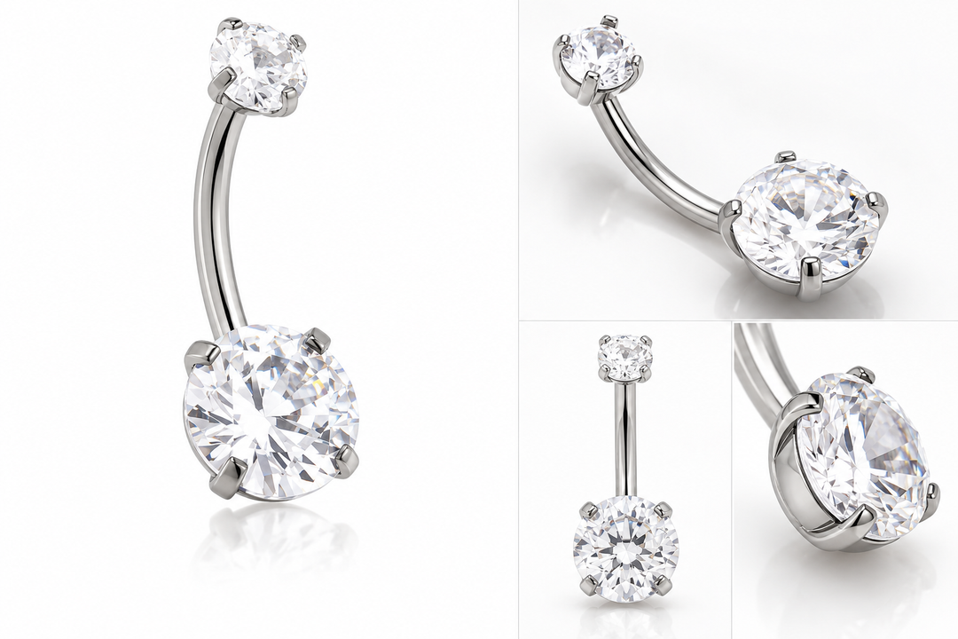 Medical grade titanium curved belly bar with small and large clear round gemstones