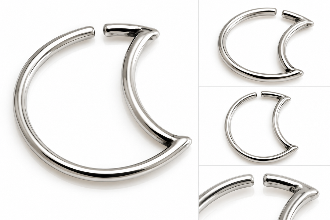 Polished silver 316L surgical steel crescent moon shaped body jewellery ring