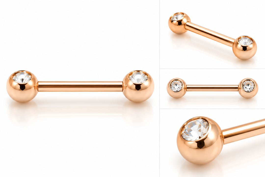 Rose gold PVD 316L surgical steel 12mm nipple bar with clear crystal gem balls