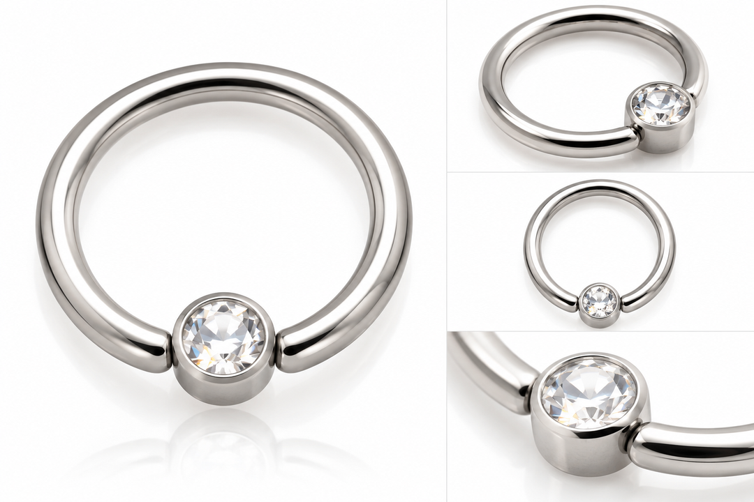 Silver 316L surgical steel BCR ring with 3mm clear crystal gem disc