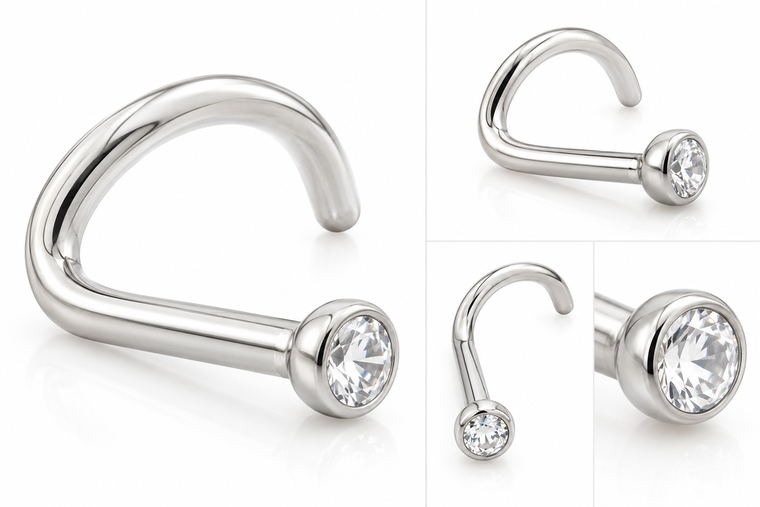 Medical grade titanium curved nose stud with 2mm clear crystal gem