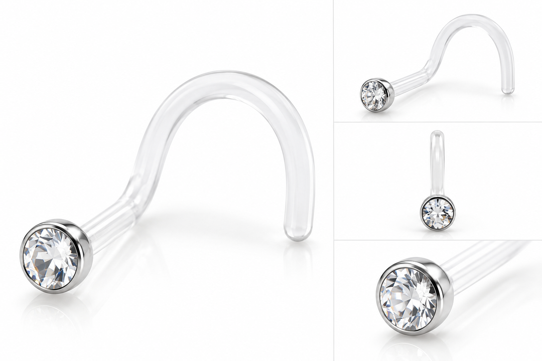 Clear Bioflex curved nose stud with silver tone 2mm clear crystal gem