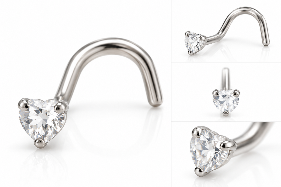 Silver 316L surgical steel 0.8mm nose stud with clear heart shaped crystal gem
