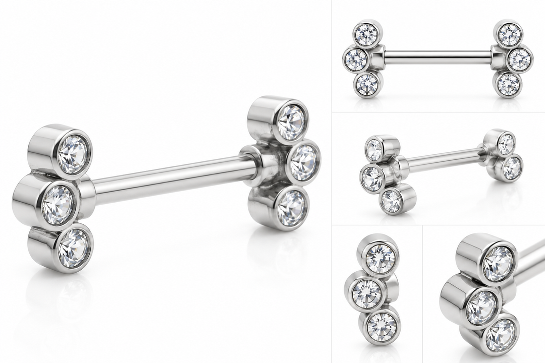 Silver 316L surgical steel nipple bar with three clear crystal gems at each end