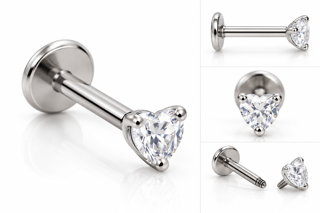 Silver 316L surgical steel internally threaded flat back labret with 3mm clear heart cubic zirconia gem