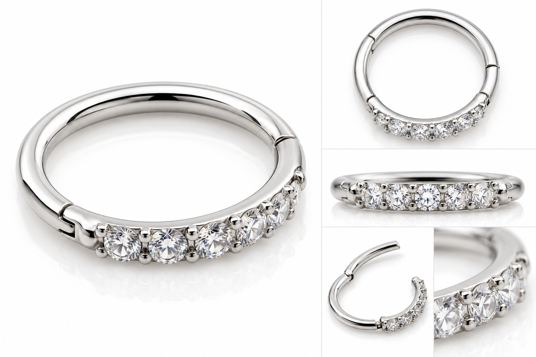 Silver 316L surgical steel hinged ring with clear pave cubic zirconia gems