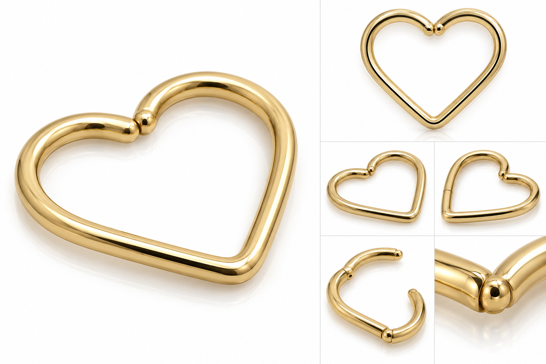 Gold PVD surgical steel open heart shaped piercing ring with polished finish