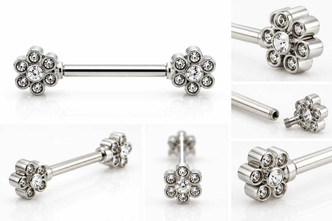 Silver 316L steel crystal flower nipple bar 10mm 1.6mm gauge