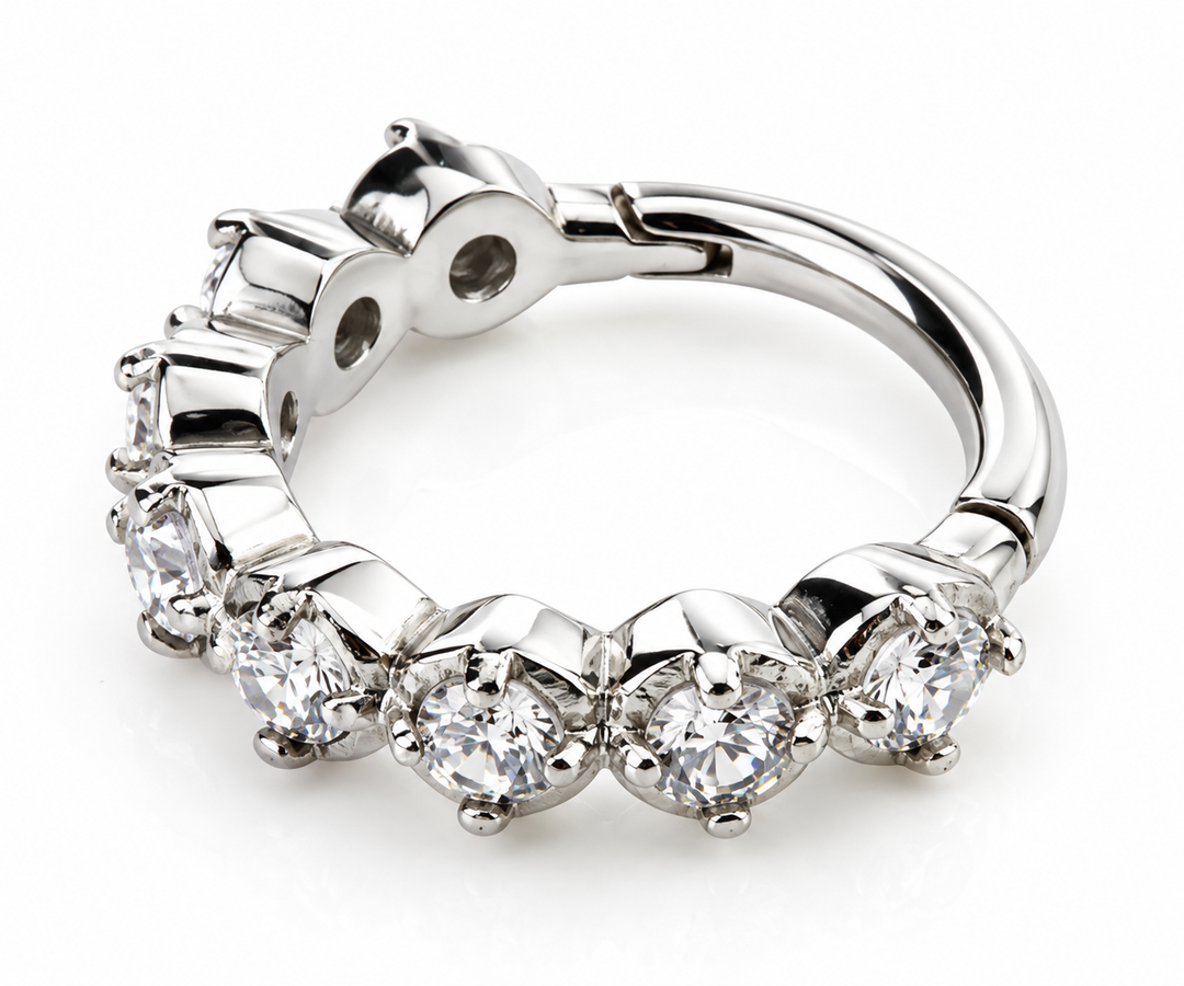 Silver 316L surgical steel hinged piercing ring with clear prong set cubic zirconia stones