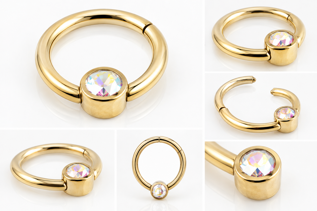 Gold PVD 316L surgical steel hinged piercing ring with Aurora Borealis crystal disc 8mm 1.2mm