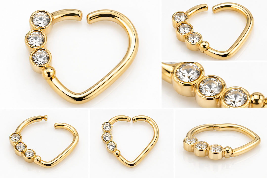 Gold PVD heart shaped piercing ring with three clear crystals 10mm 1.2mm gauge