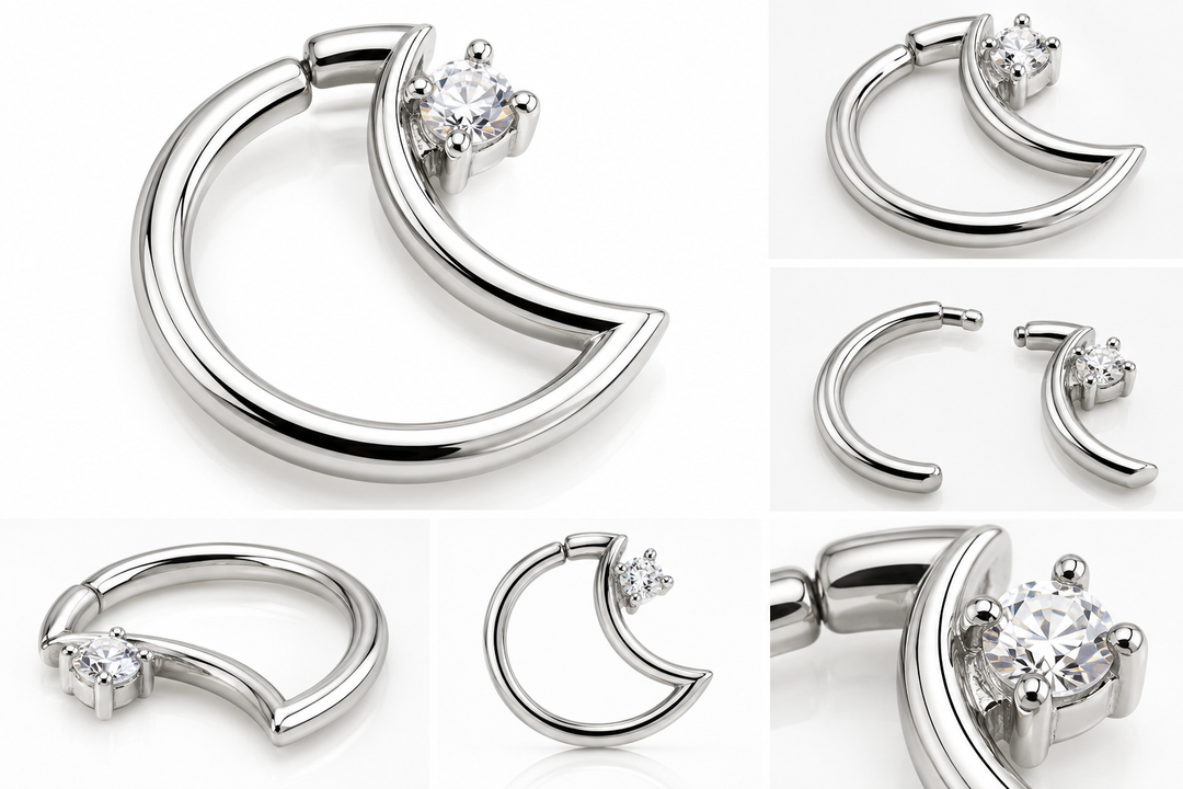 Silver crescent moon piercing ring with clear crystal 1.2mm gauge 15mm x 10mm