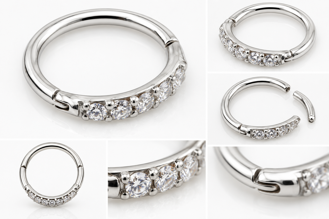 Silver 316L surgical steel hinged piercing ring with clear crystals available in 7mm and 8mm
