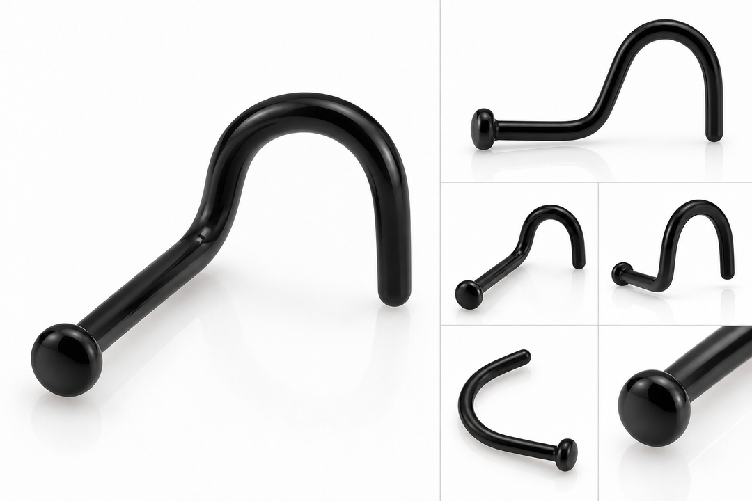 Black Bioflex flexible nose stud retainer with curved push-fit design and small rounded end, photographed on a white background.