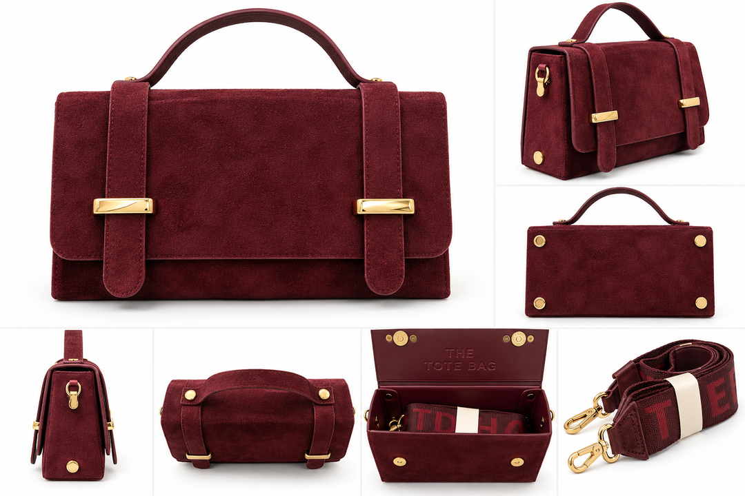 Burgundy faux suede structured handbag with gold-tone double strap detailing and top handle.