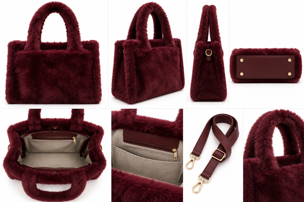 Burgundy and khaki green faux fur structured tote handbags with matching plush handles