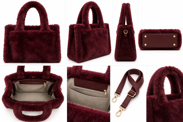 Burgundy and khaki green faux fur structured tote handbags with matching plush handles