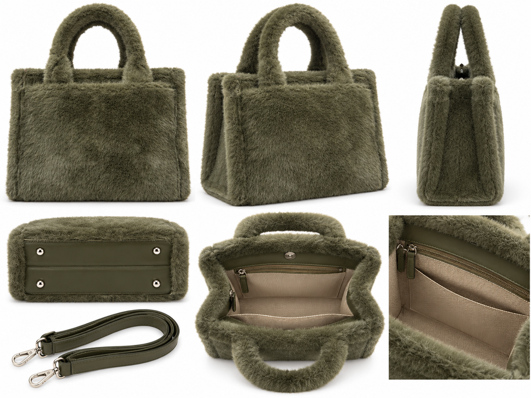 Burgundy and khaki green faux fur structured tote handbags with matching plush handles
