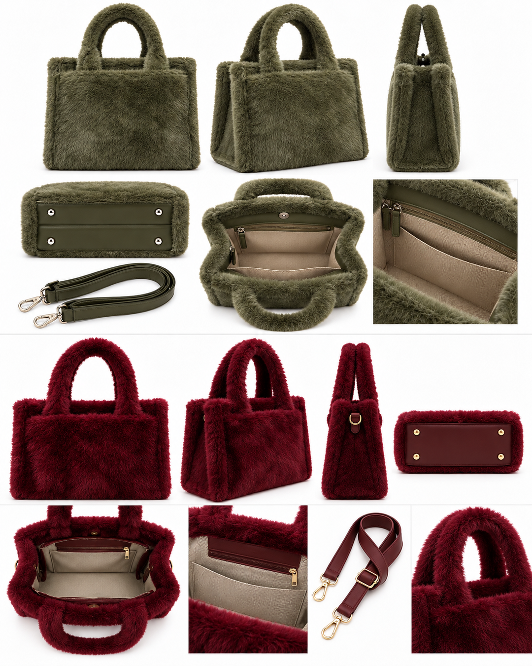 Burgundy and khaki green faux fur structured tote handbags with matching plush handles