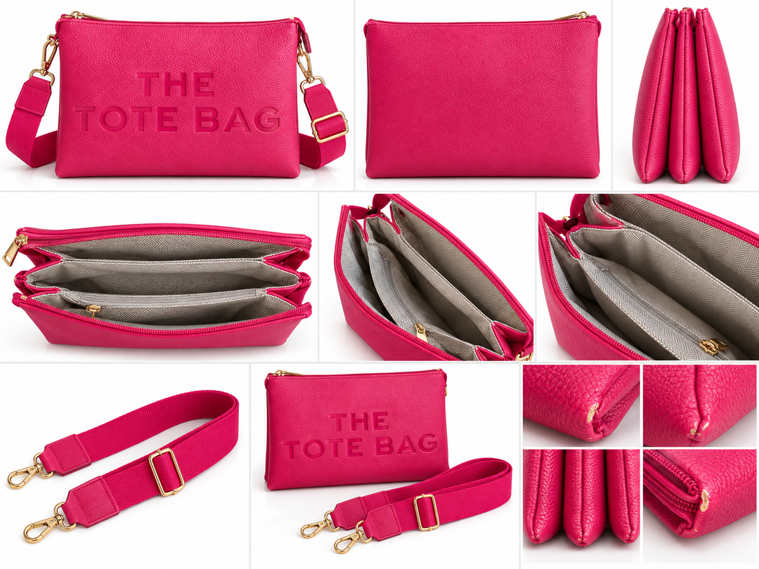 Hot pink textured crossbody bag with embossed THE TOTE BAG lettering and adjustable shoulder strap