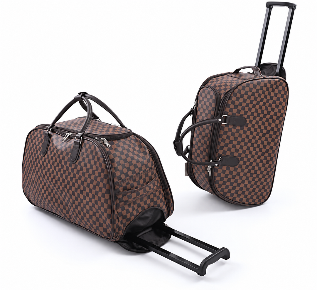 Brown checkerboard wheeled travel holdall bag with black carry handles, zip compartments, wheels and retractable telescopic handle.