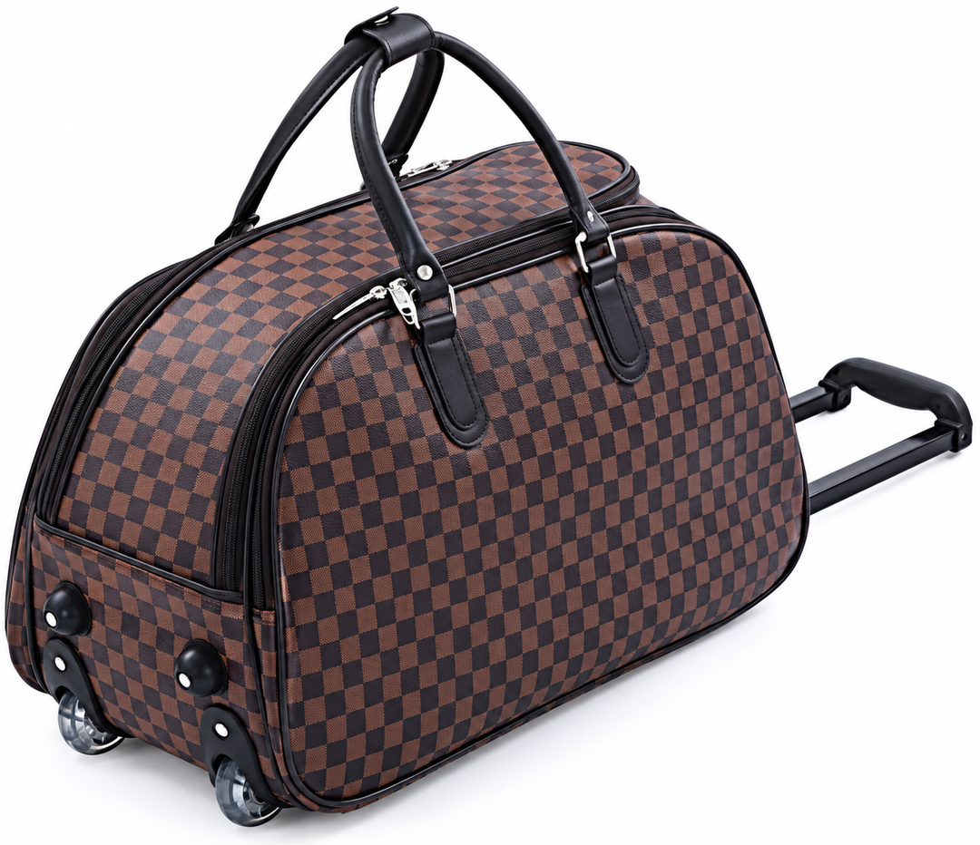 Brown checkerboard wheeled travel holdall bag with black carry handles, zip compartments, wheels and retractable telescopic handle.