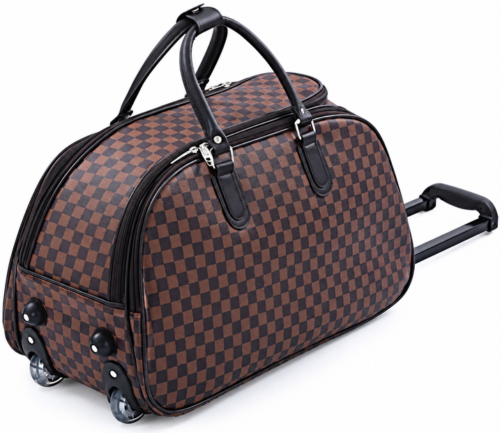 Brown checkerboard wheeled travel holdall bag with black carry handles, zip compartments, wheels and retractable telescopic handle.
