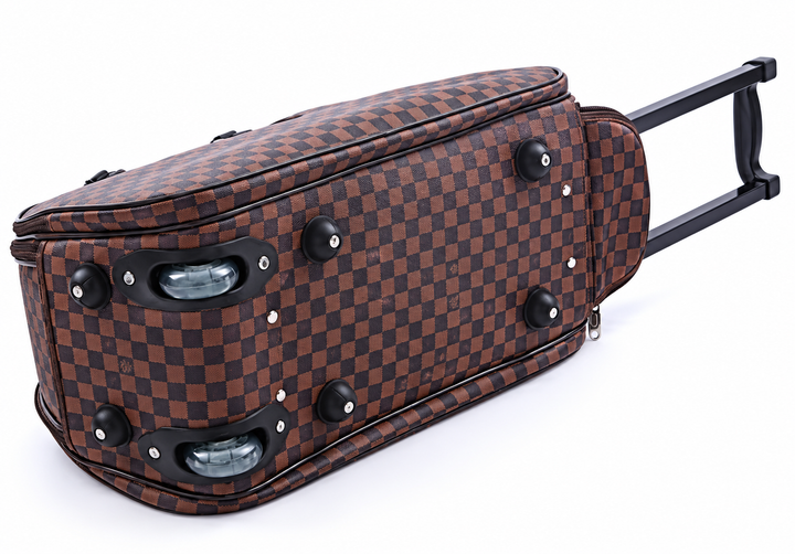 Brown checkerboard wheeled travel holdall bag with black carry handles, zip compartments, wheels and retractable telescopic handle.