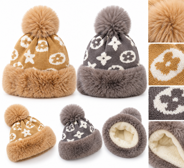 Luxury knitted winter bobble hats in camel beige and grey with cream monogram-style pattern, oversized fluffy pom poms, thick faux fur trims and soft fleece lining.