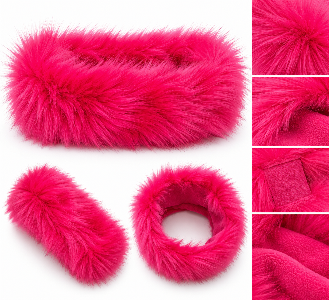Luxury hot pink faux fur winter headband featuring thick fluffy faux fur, a soft pink fleece lining and a flexible stretch panel for comfortable wear.