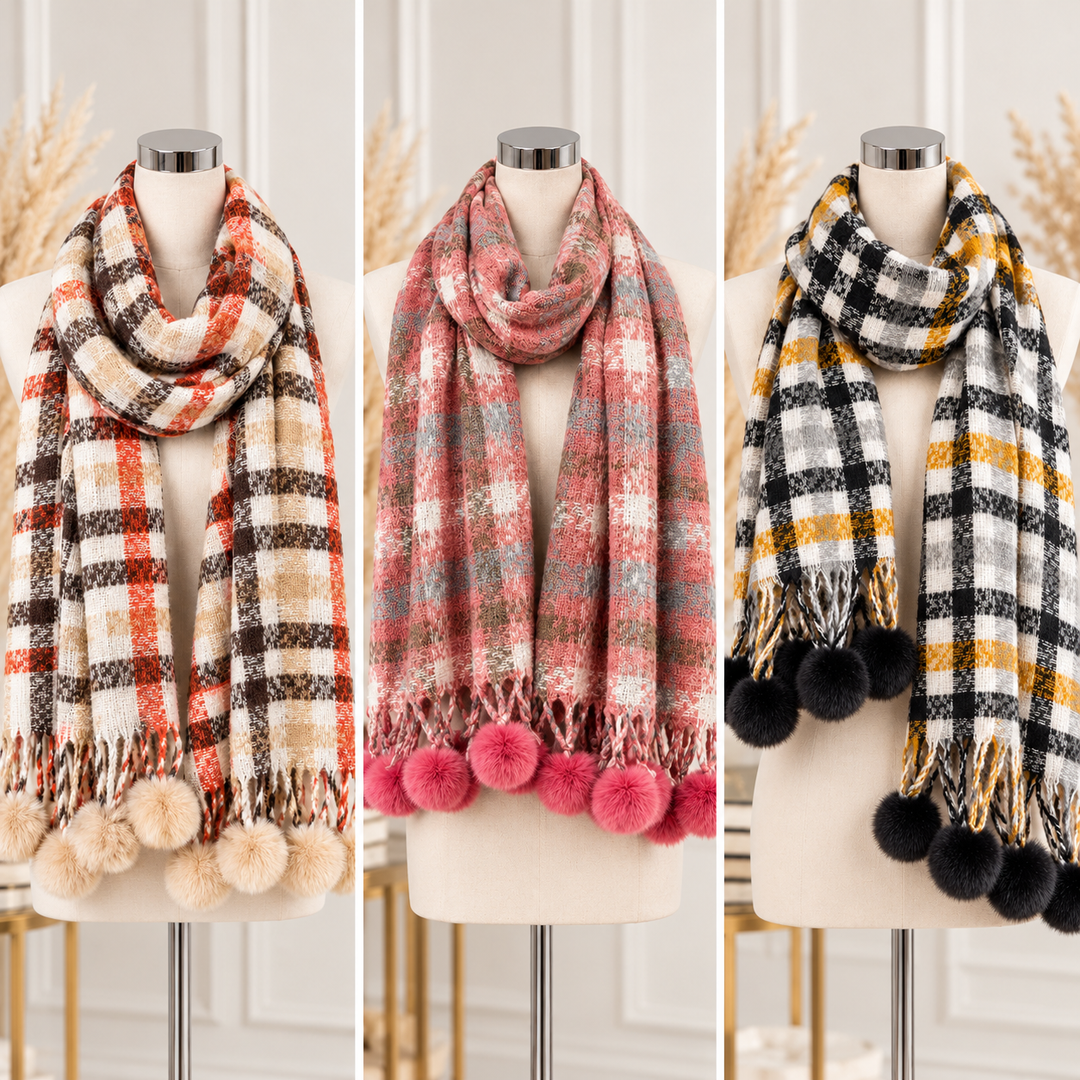 check print winter scarves displayed on mannequins in Cream &amp; Rust, Pink and Black &amp; Mustard, featuring fluffy faux fur pom pom detailing.