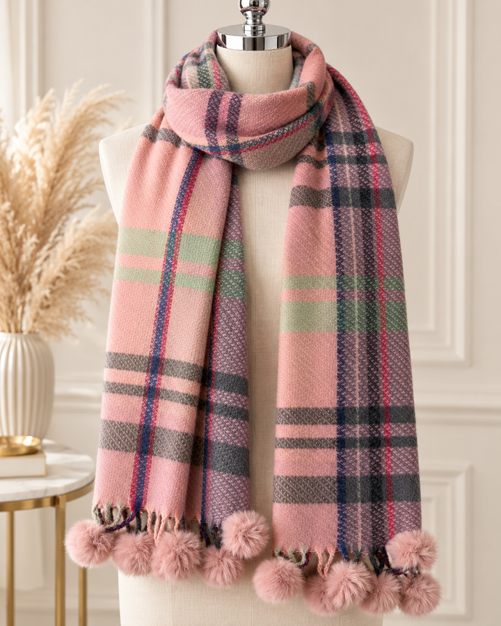 Pink tartan check winter scarf featuring grey, sage green and navy accents with fluffy pink faux fur pom poms