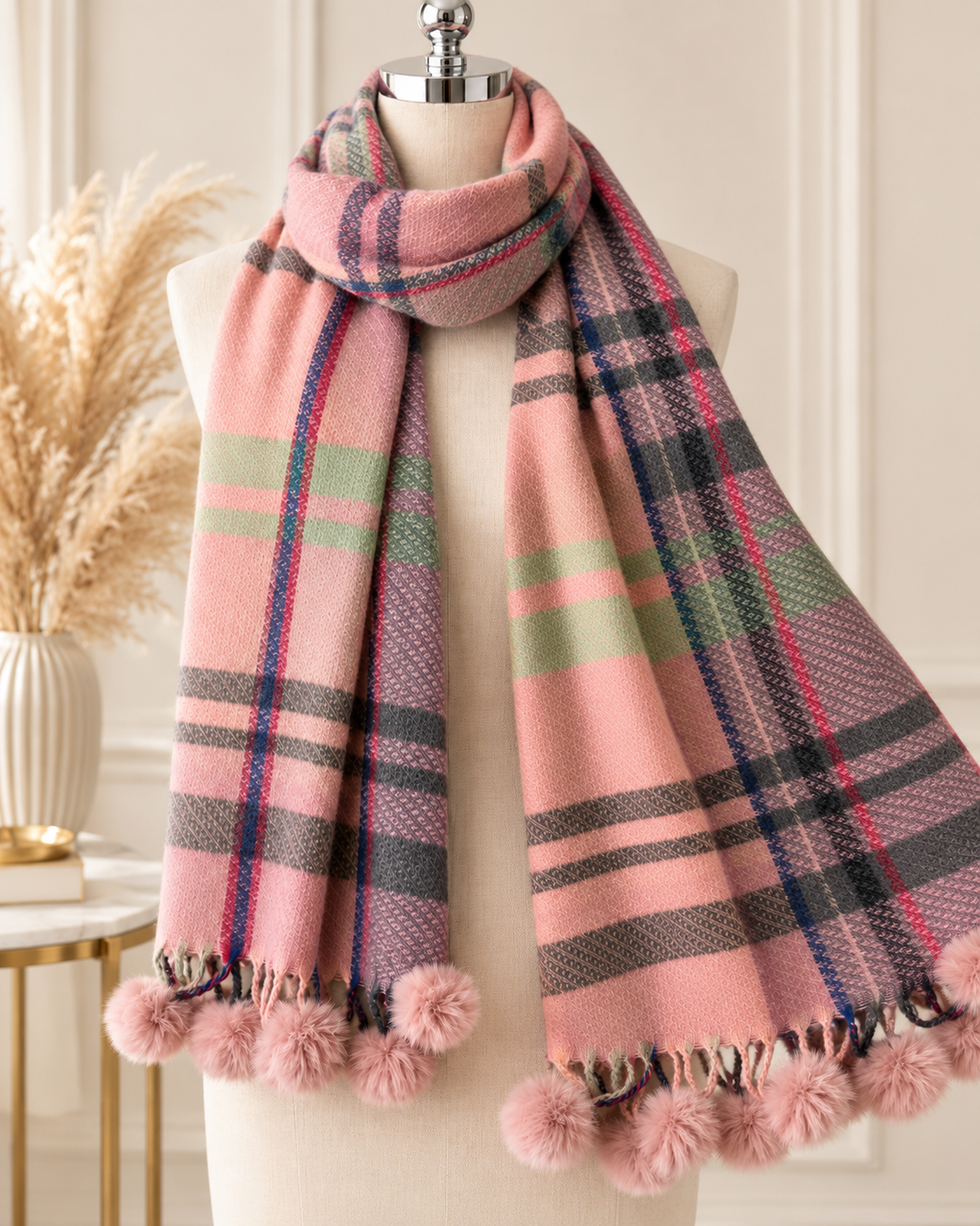 Pink tartan check winter scarf featuring grey, sage green and navy accents with fluffy pink faux fur pom poms