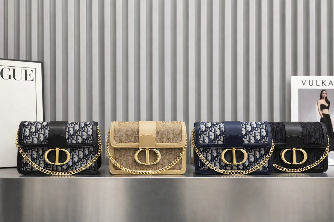 Four Dior handbags in different colours.