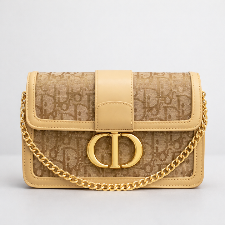 Beige handbag with gold chain and gold buckle 