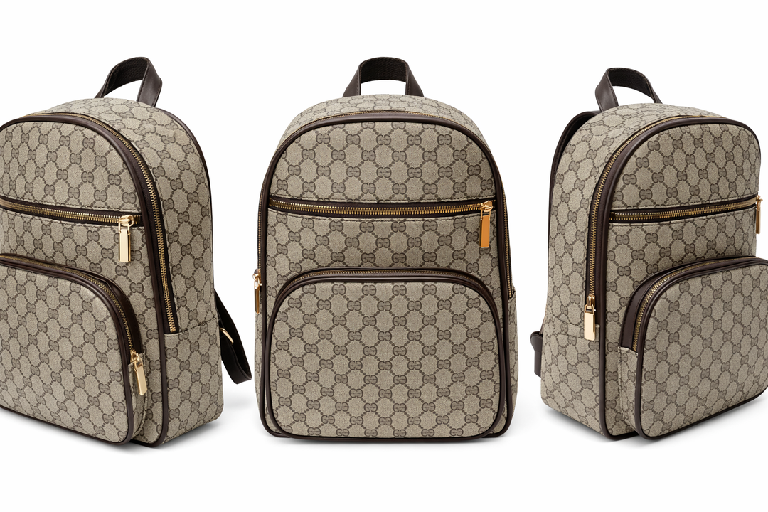 Monogram print backpack with multiple zip compartments and brown trim
