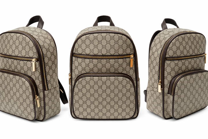 Monogram print backpack with multiple zip compartments and brown trim