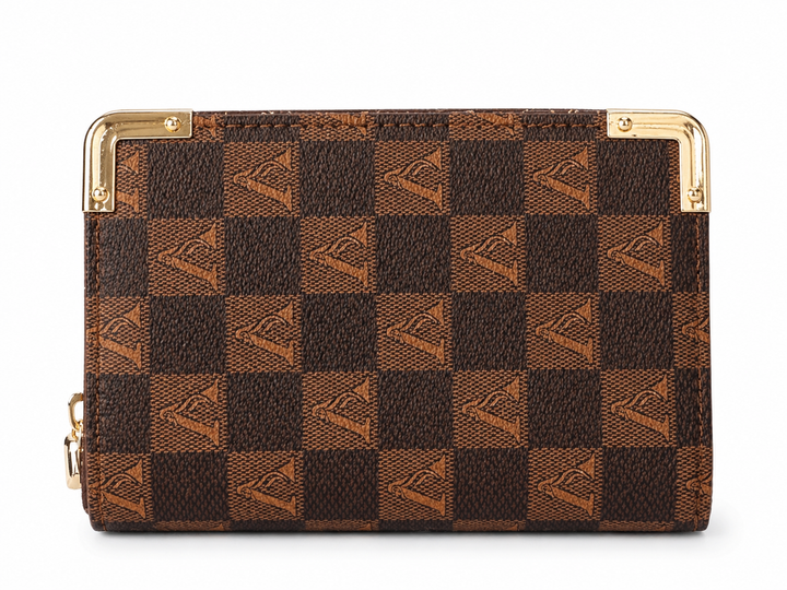 Brown checkered wallet with gold accents on a white background