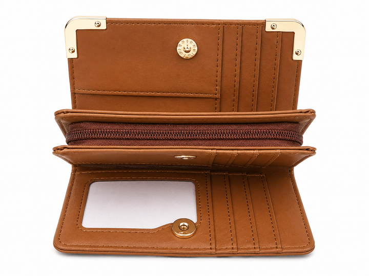 Brown faux leather wallet with gold accents on a white background